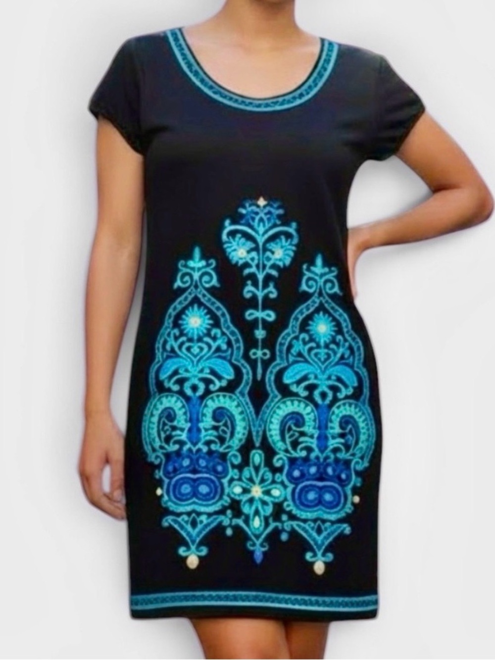 FESTIVAL DRESS - Psychedelic Black w/Gorgeous Embroidery Scoop Neck/Stretch.